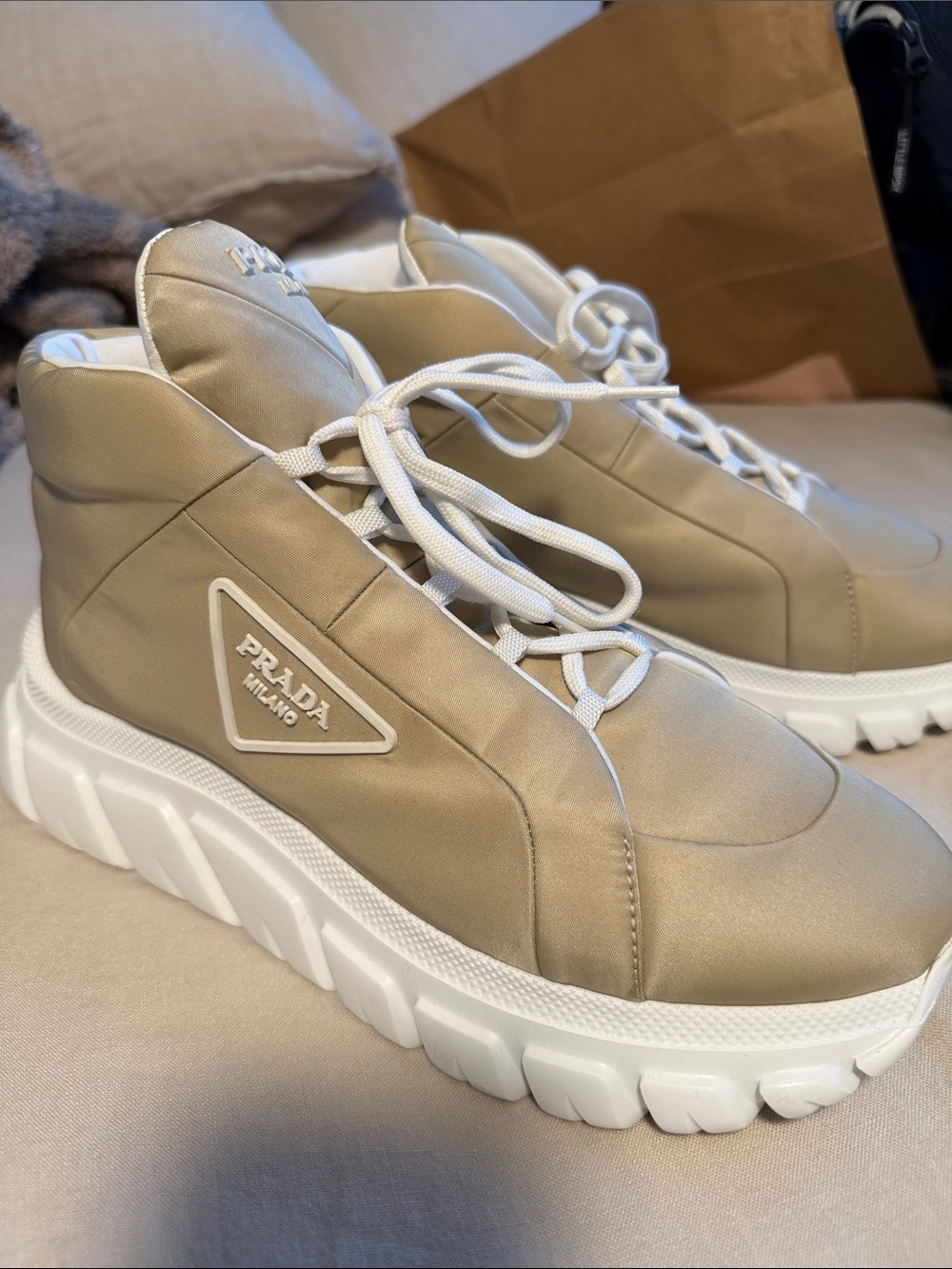 Prada Chunky Lace-Up Sneakers in Beige and White